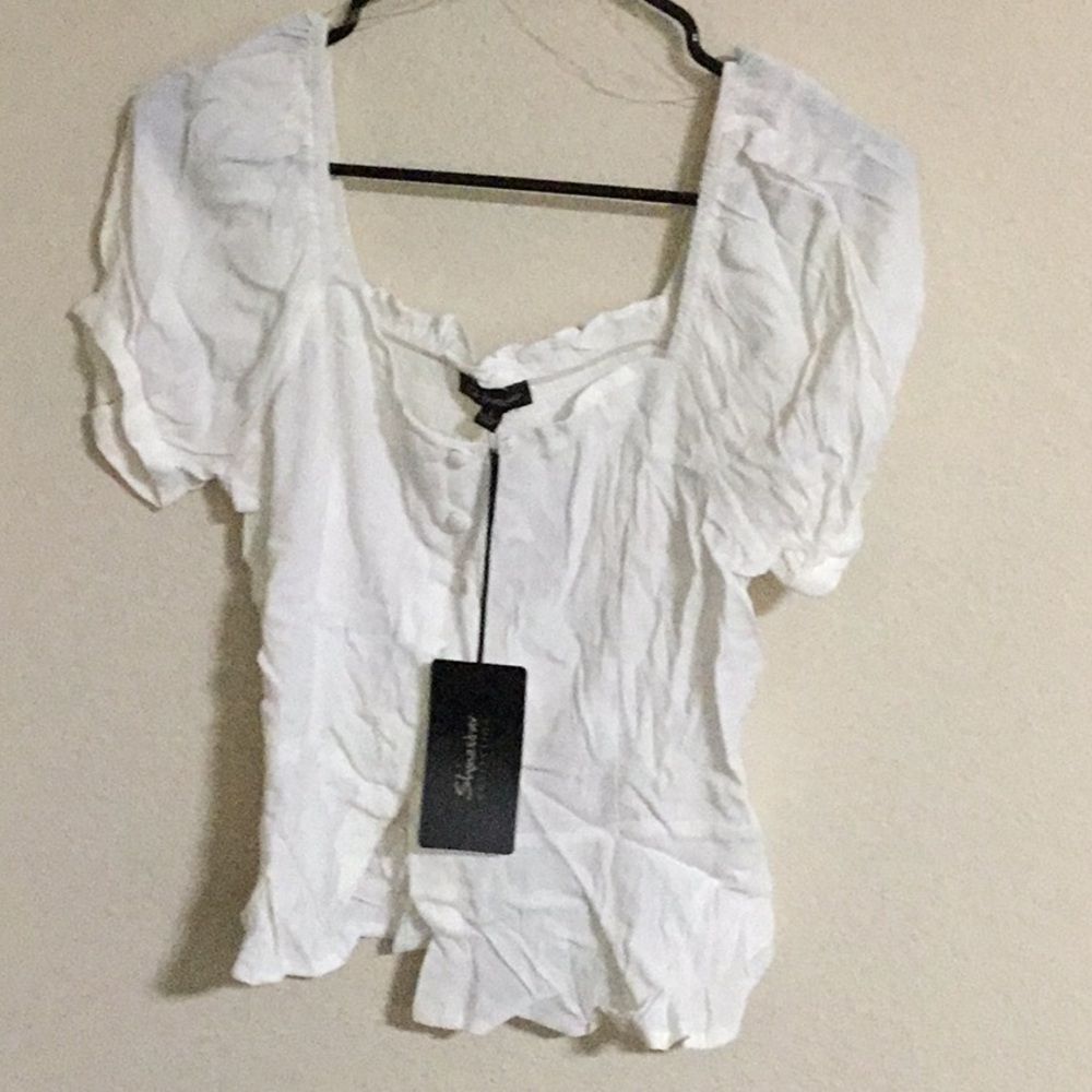 Shinestar White Puff Sleeve Blouse with Ruffled Tie Front